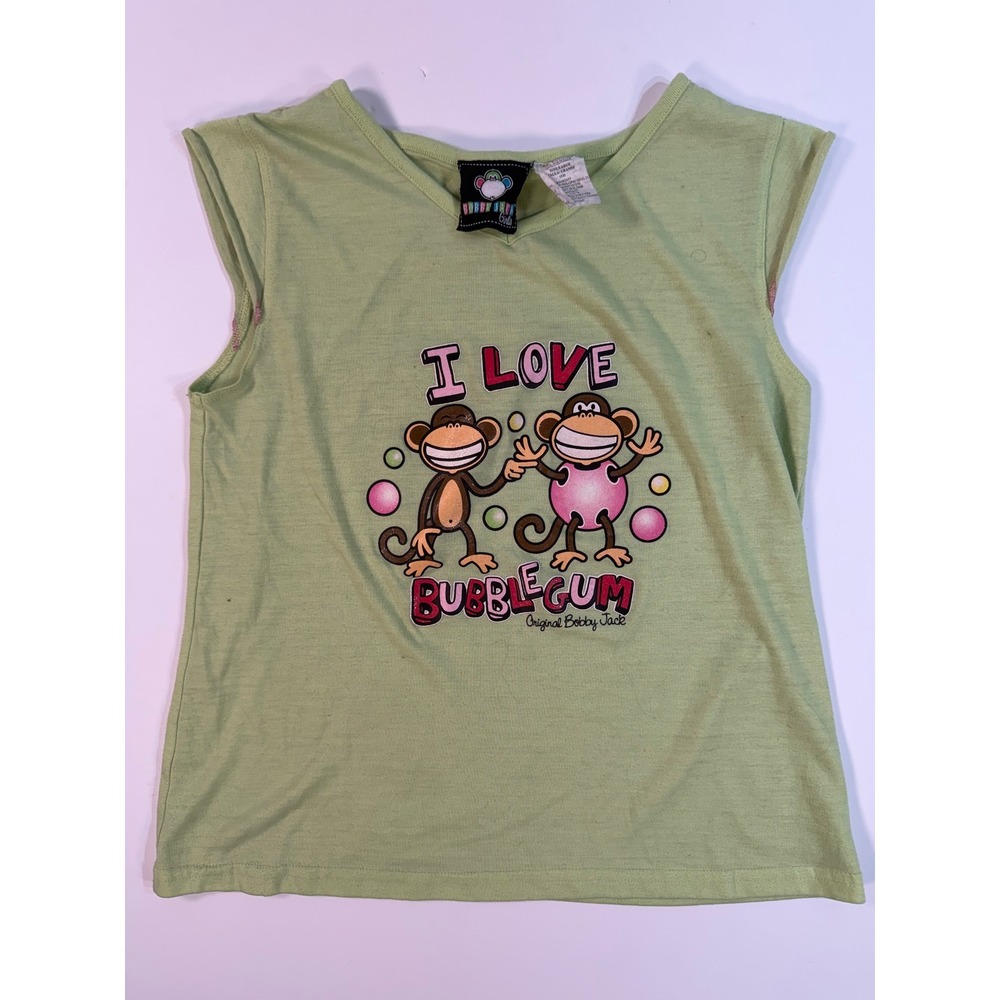 Vintage Bobby Jack I Love Bubblegum Monkey Graphic Cap Sleeve Tee Green Large 14